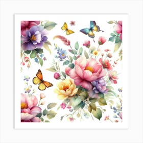 A beautiful watercolor painting of a seamless floral pattern with butterflies, featuring pink, yellow, and purple flowers, and green leaves on a white background, perfect for use as a wallpaper or fabric design. Art Print