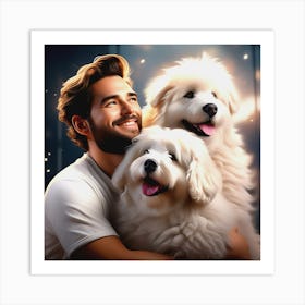 Man Hugging Two Dogs Art Print