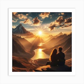 Couple Sitting On Cliff Overlooking Lake Art Print