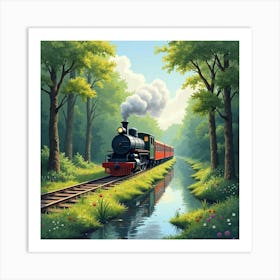 Charming Old Train Journey Through A Tranquil Watercolor Forest 1 Art Print