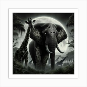 Giraffes And Elephants Art Print