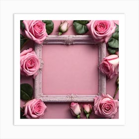 Pink Roses Frame On Pink Background Art Print