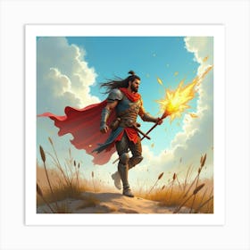 Fighter In A Watercolor Battlefield With Magical Energy Bursts 1 Art Print