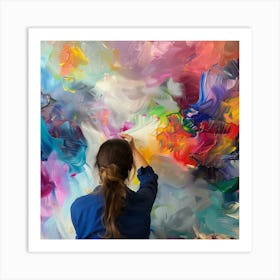 Talented Innovative Female Artist Draws with Her Hands on the Large Canvas, Using Fingers She Creates Colorful, Emotional, Sensual Oil Painting. Contemporary Painter Creating Abstract Modern Art Art Print