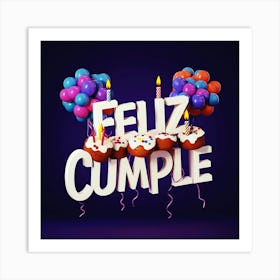 Feliz cumple and Feliz cumpleaños sign means Happy Birthday in Spanish language, Birthday party celebration gift with birthday cake candle colorful balloons best congratulation over light background wall artFeliz Cumplie Art Print