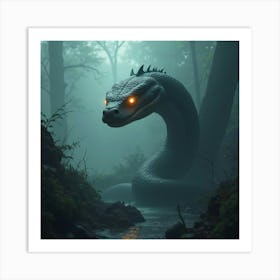 A Giant Snake With Glowing Eyes Slithering Through The Mist 1 Art Print