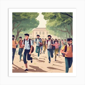 Illustration Of Students Running In The Park Art Print