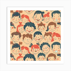 Seamless Pattern Of Adorable Cartoon Kid Faces Art Print