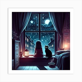 Little Girl Looking Out Window At Night Art Print