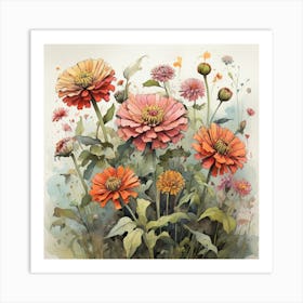 Zinnia Floral Quentin Blake Inspired Illustration Flo 1 Art Print