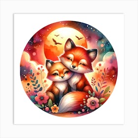 Two foxes a larger one with its head resting Art Print