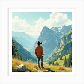 Spanish Man In A Scenic Mountain View, Watercolor With Natural Beauty 1 Art Print