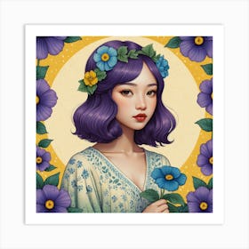 Asian Girl With Purple Flowers Art Print