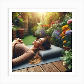 Woman Relaxing In Garden Art Print