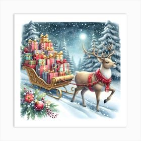 Christmas Reindeer with Gift-Filled Sleigh in a Snowy Winter Wonderland Art Print