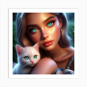 Cute Girl With Cat 1 Art Print