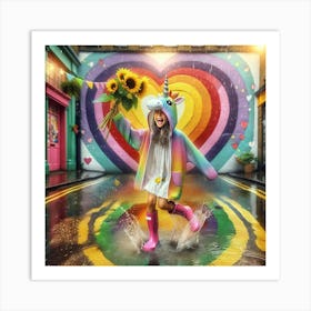 Happy Colorful Girl With Sunflowers and Rainbows Art Print