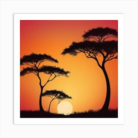 Sunset Silhouette Of Acacia Trees Art Print