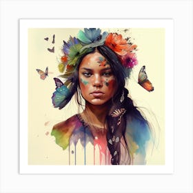 Watercolor Floral Indian Native Woman #11 Art Print