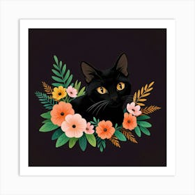 Black Cat With Flowers 4 Art Print