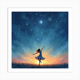 Dancer In Watercolor Tranquil Starry Night 1 Art Print