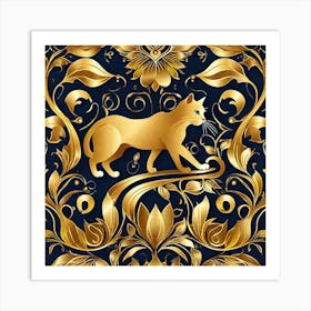 Gold Cat On A Black Background Art Print