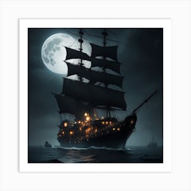 Pirate Ship At Night Art Print