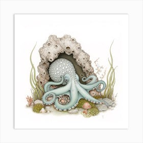 Storybook Style Octopus Relaxing In An Underwater Cave 1 Art Print