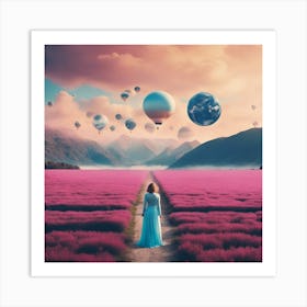 Make A Surreal Vintage Collage Of A Field With Planet Earth At The Center, A Couple Watching, Flying (9) Art Print