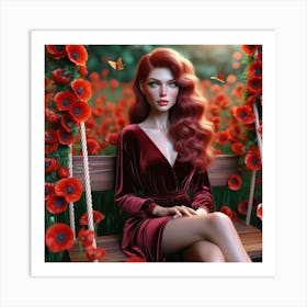 Red Haired Girl In Red Dress Art Print