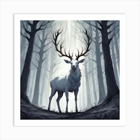 A White Stag In A Fog Forest In Minimalist Style Square Composition 29 Art Print