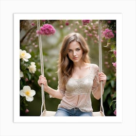 Beautiful Young Woman On A Swing Art Print