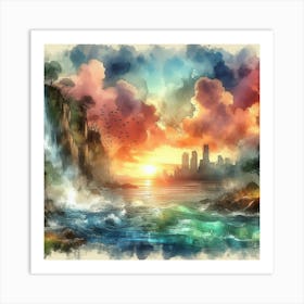 Watercolor Of Waterfall Art Print