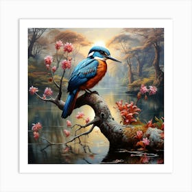 Kingfisher With Pink Tree Blossom Beside River 1 Art Print