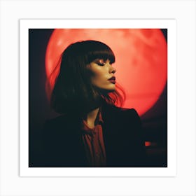 Woman In Front Of A Red Moon Art Print