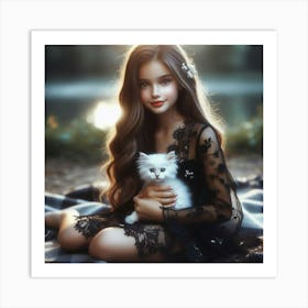 Beautiful Girl With A Cat Art Print