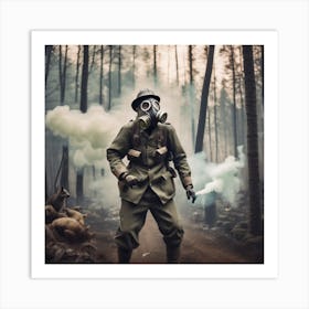 Wwii Soldier In Gas Mask In The Forest Art Print