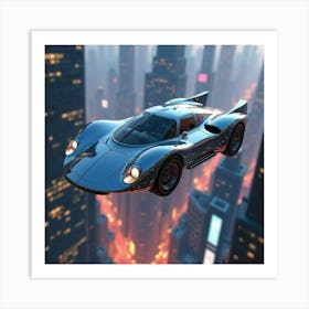 Advanced Flying Car With Sleek Chrome Design, Soaring Above A Neon Lit City 1 Art Print