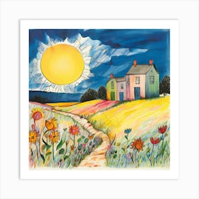 Crayon Drawn Landscape Featuring A Sun Smiling In The Corner Oversized Flowers With Irregular Petal 417913799 (2) Art Print