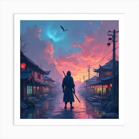 Ninja In Colorful Mystical City, Watercolor, Vibrant Skyline 1 Art Print