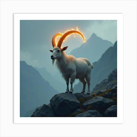 A Goat With Glowing, Twisted Horns, Standing On A Rocky Mountain Peak Art Print