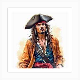 Watercolor Johnny Depp As A Charismatic Pirate, Bold Colors, And Energy Art Print