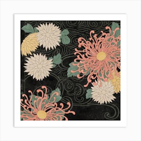 Watery Floral Japanese Woodblock - Black Art Print