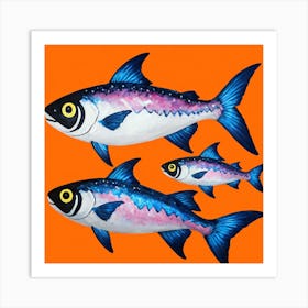 Three Fish On Orange Background Art Print