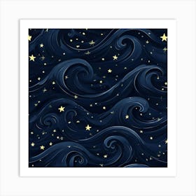 Dark Navy Wave Pattern With Yellow Stars On Night Sky Art Print