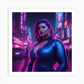 A Beautiful Voluptuous Woman in the Cyberpunk Neon City Art Print