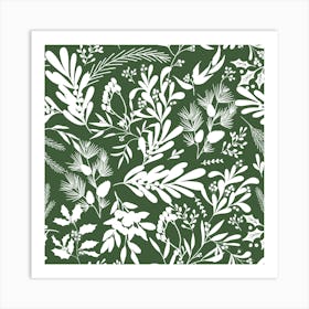 Christmas Botanical Leaves - Dark Green White Art Print