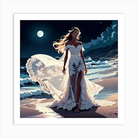 Bride On The Beach At Night Art Print