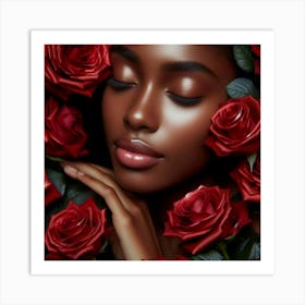 Black Woman With Red Roses Art Print