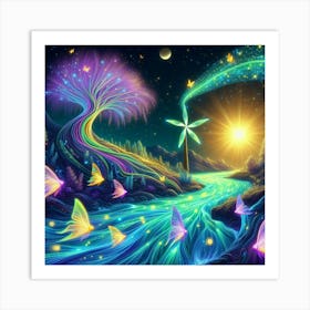 Stream With Bioluminescent Fish Butterflies Sun Spinning Wind Tree 7 Art Print